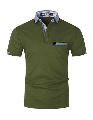 KUNJLELP Herren Poloshirt aus reinem Baumwoll-Piqué Mode kariert Polohemd Basic Kurzarm,Grün 02,3XL von KUNJLELP