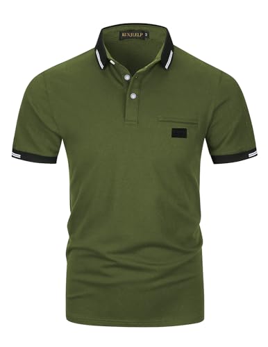 KUNJLELP Herren Poloshirt aus reinem Baumwoll-Piqué Mode kariert Polohemd Basic Kurzarm,Grün 04,3XL von KUNJLELP