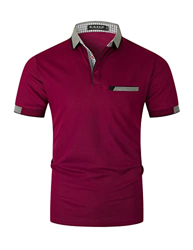 KUNJLELP Herren Poloshirt aus reinem Baumwoll-Piqué Mode kariert Polohemd Basic Kurzarm,Rot,3XL von KUNJLELP