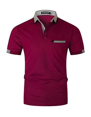 KUNJLELP Poloshirt Herren Kurzarm Polohemd Männer Kontrastfarbe Baumwolle mit Tasche T-Shirt Sommer,XXL,Rot-24 von KUNJLELP