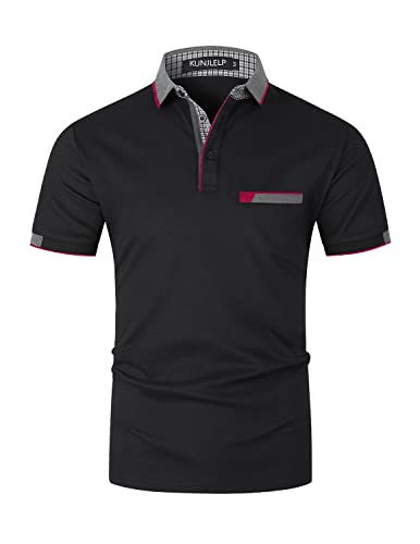 KUNJLELP Poloshirt Herren Kurzarm Polohemd Männer Kontrastfarbe Baumwolle mit Tasche T-Shirt Sommer,M,Schwarz-24 von KUNJLELP