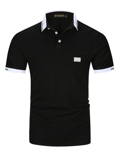 KUNJLELP Herren Poloshirt aus reinem Baumwoll-Piqué Mode kariert Polohemd Basic Kurzarm,Schwarz 01,L von KUNJLELP