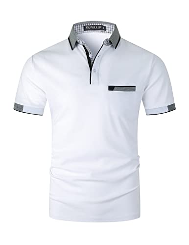 KUNJLELP Herren Poloshirt aus reinem Baumwoll-Piqué Mode kariert Polohemd Basic Kurzarm,Weiß,L von KUNJLELP