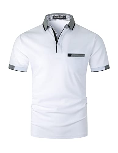 KUNJLELP Herren Poloshirt aus reinem Baumwoll-Piqué Mode kariert Polohemd Basic Kurzarm,Weiß,M von KUNJLELP