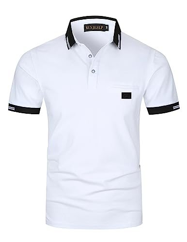 KUNJLELP Herren Poloshirt aus reinem Baumwoll-Piqué Mode kariert Polohemd Basic Kurzarm,Weiß 01,L von KUNJLELP