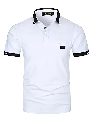 KUNJLELP Poloshirts Herren Kurzarm Polohemd mit Tasche Kontrastfarbe Baumwolle Basic T-Shirt Sommer,XXL,Weiß 01 von KUNJLELP