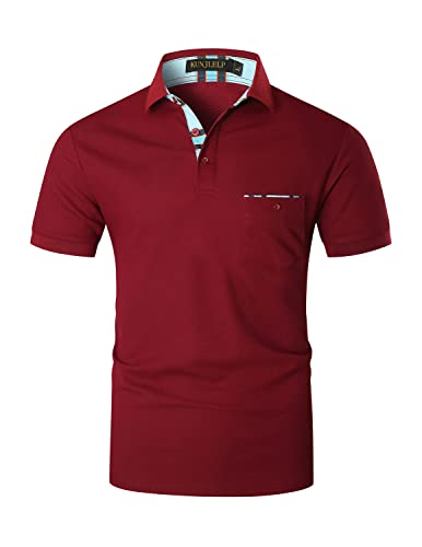 KUNJLELP Herren Poloshirt aus reinem Baumwoll-Piqué Polohemd Basic Kurzarm Karierte Verbindung,Rot,M von KUNJLELP