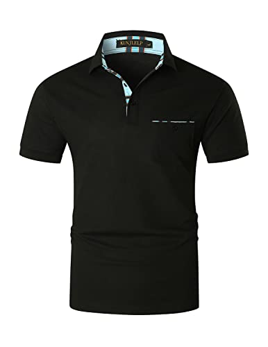 KUNJLELP Herren Poloshirt aus reinem Baumwoll-Piqué Polohemd Basic Kurzarm Karierte Verbindung,Schwarz 01,XL von KUNJLELP