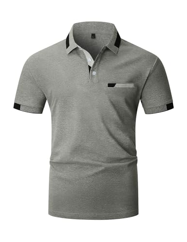 KUNJLELP Poloshirt Herren Kurzarm Baumwolle T Shirts Männer Slim Fit Basic Kontrastfarbe Polohemd Tennis Golf Sports Tops,Grau 01,L von KUNJLELP