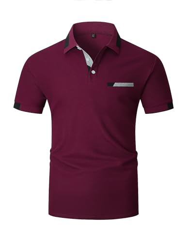 KUNJLELP Poloshirt Herren Kurzarm Baumwolle T Shirts Männer Slim Fit Basic Kontrastfarbe Polohemd Tennis Golf Sports Tops,Rot 01,L von KUNJLELP