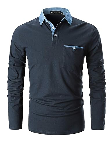 KUNJLELP Poloshirt Herren Langarm, T Shirts Männer, Hemd Herren Denim-Splice T-Shirt Golf Polo Shirt,Blau,3XL von KUNJLELP