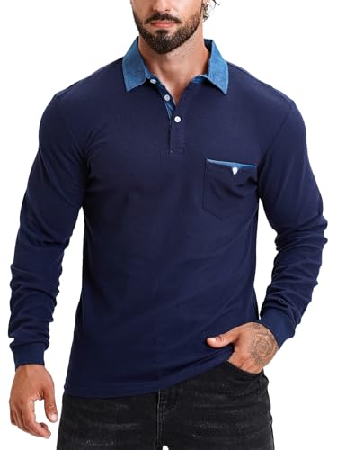 KUNJLELP Poloshirt Herren Langarm, T Shirts Männer, Hemd Herren Denim-Splice T-Shirt Golf Polo Shirt,Blau,XL von KUNJLELP