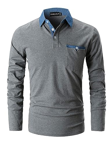 KUNJLELP Poloshirt Herren Langarm, T Shirts Männer, Hemd Herren Denim-Splice T-Shirt Golf Polo Shirt,Grau,3XL von KUNJLELP