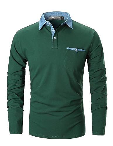 KUNJLELP Poloshirt Herren Langarm, T Shirts Männer, Hemd Herren Denim-Splice T-Shirt Golf Polo Shirt,Grün,M von KUNJLELP