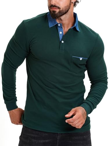 KUNJLELP Poloshirt Herren Langarm, T Shirts Männer, Hemd Herren Denim-Splice T-Shirt Golf Polo Shirt,Grün,XL von KUNJLELP