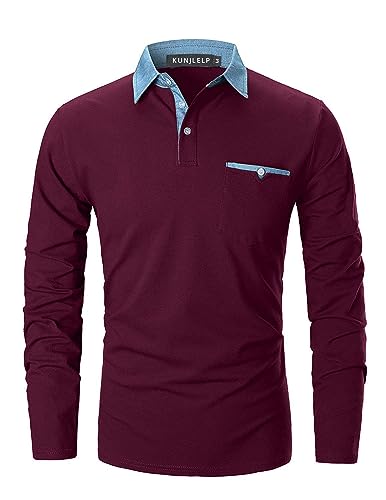 KUNJLELP Poloshirt Herren Langarm, T Shirts Männer, Hemd Herren Denim-Splice T-Shirt Golf Polo Shirt,Rot,3XL von KUNJLELP