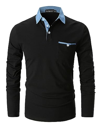 KUNJLELP Poloshirt Herren Langarm, T Shirts Männer, Hemd Herren Denim-Splice T-Shirt Golf Polo Shirt,Schwarz,3XL von KUNJLELP