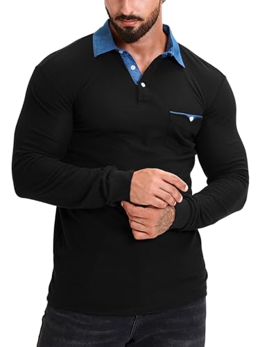 KUNJLELP Poloshirt Herren Langarm, T Shirts Männer, Hemd Herren Denim-Splice T-Shirt Golf Polo Shirt,Schwarz,XXL von KUNJLELP