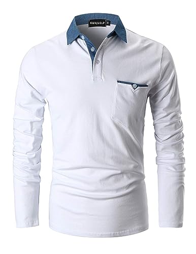 KUNJLELP Poloshirt Herren Langarm, T Shirts Männer, Hemd Herren Denim-Splice T-Shirt Golf Polo Shirt,Weiß,XXL von KUNJLELP