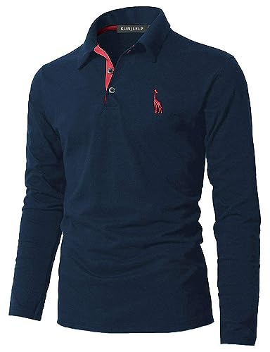 KUNJLELP Poloshirt Herren Langarm, T Shirts Männer, Hemd Herren Giraffe Stickerei T-Shirt Golf Sports Polo,Blue 1,L von KUNJLELP