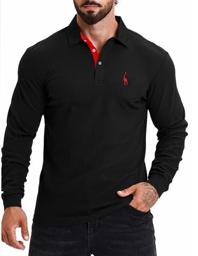 KUNJLELP Poloshirt Herren Langarm, T Shirts Männer, Hemd Herren Giraffe Stickerei T-Shirt Golf Sports Polo,Schwarz,L von KUNJLELP