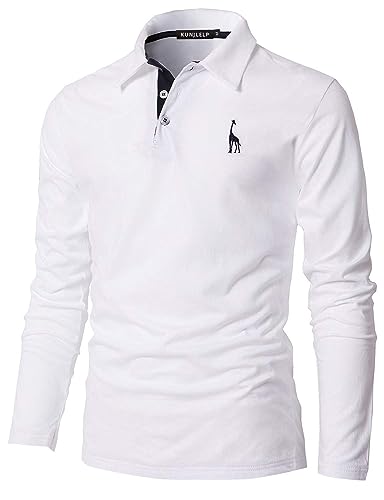 KUNJLELP Poloshirt Herren Langarm, T Shirts Männer, Hemd Herren Giraffe Stickerei T-Shirt Golf Sports Polo,Weiß,XXL von KUNJLELP