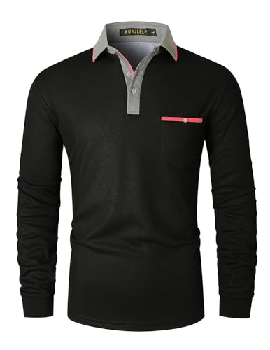 KUNJLELP Poloshirt Herren Langarm, T Shirts Männer, Hemd Herren Kontrastfarbiges Spleißen T-Shirt Golf Polo Shirt,Schwarz,L von KUNJLELP