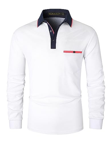 KUNJLELP Poloshirt Herren Langarm, T Shirts Männer, Hemd Herren Kontrastfarbiges Spleißen T-Shirt Golf Polo Shirt,Weiß,M von KUNJLELP