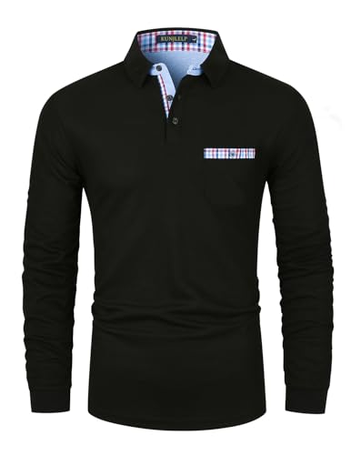 KUNJLELP Poloshirt Herren Langarm Männer Hemd Baumwolle mit Tasche Regular Golf T-Shirts,3XL,Schwarz-37 von KUNJLELP