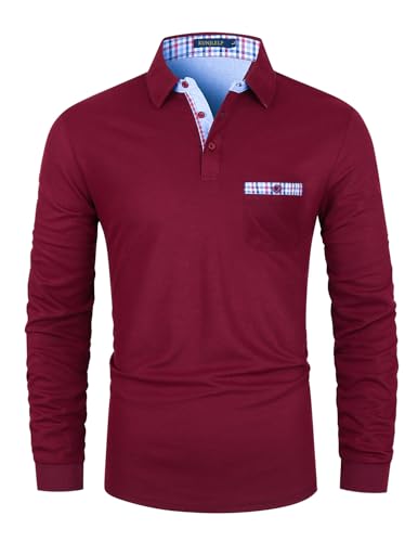 KUNJLELP Poloshirt Herren Langarm Männer Hemd Baumwolle mit Tasche Regular Golf T-Shirts,L,Rot-37 von KUNJLELP