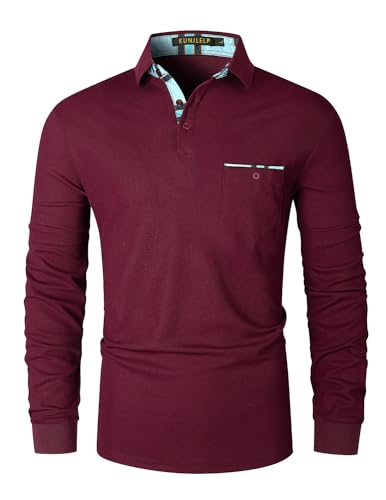 KUNJLELP Poloshirt Herren Langarm Polohemd blau Karierter Splice Poloshirts für Herren,Rot,M von KUNJLELP