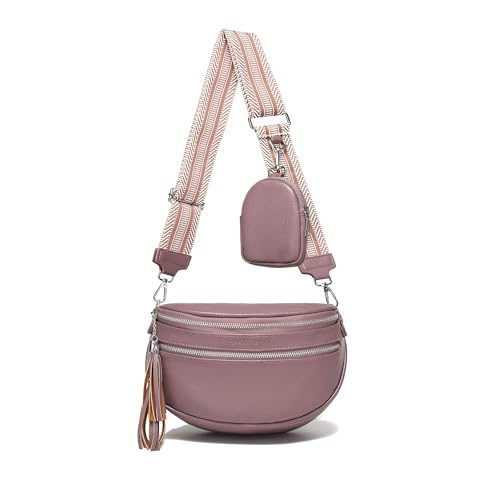 KUNKUN Bauchtasche Damen Stylisch Crossbody Bag Damen Veganes Leder Umhängetasche Damen Moderne Hüfttasche Mittelgroß 5cm Breiten Schultergurt Gurt für Umhängetasche mit Münzbörse-Lila von KUNKUN