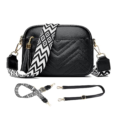 KUNKUN Kleine Umhängetasche Damen mit Breitem Gurt Schwarz Leder Handy Crossbody Schultertasche klein Moderne Taschen Mit 2 Austauschbaren Breiten und Dünnen Schultergurten von KUNKUN