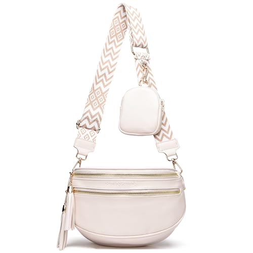 KUNKUN Crossbody Bag Damen breiter Gurt 5CM Bauchtasche Damen veganes Leder umhängetasche stylisch brustbeutel weiß mit münzgeldbörse von KUNKUN