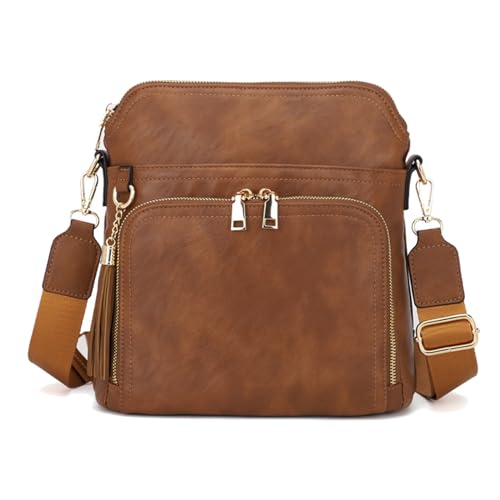 KUNKUN Handtasche Damen Mittelgroß Umhängetasche Damen Braun Crossbody Bag Breiter Gurt Veganes Leder mit Fransen Umhängetaschen von KUNKUN