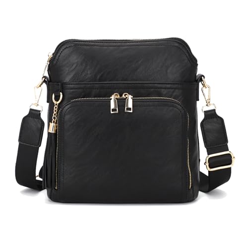 KUNKUN Handtasche Damen Umhängetasche Damen Mittelgroß Crossbody Bag Damen Breiter Gurt Schwarz Veganes Leder mit Fransen Umhängetaschen von KUNKUN