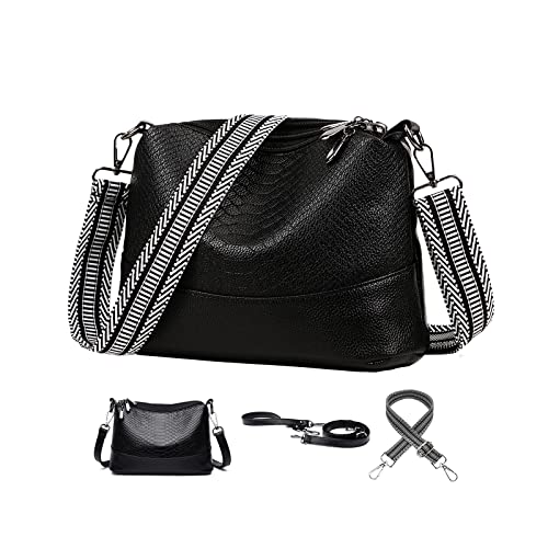 KUNKUN Handtasche Damen Umhängetasche Schwarz Mit Breiter Gurt Moderne Schultertasche Klein Leder Crossbody Bag Damen Mit 3 Austauschbaren Breiten Und Dünnen Schultergurten von KUNKUN