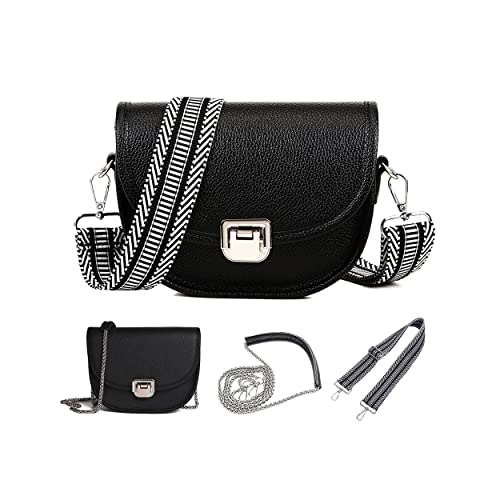 KUNKUN bauchtasche damen stylisch crossbody bag damen breiter gurt schwarz kette schulterriemen kleine damen umhängetasche mit 2 riemen breitem riemen und kettenriemen von KUNKUN