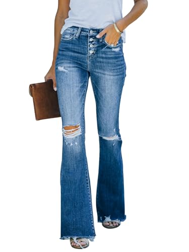 KUNMI Damen Flare Bell Bottom Jeans High Waist Wide Leg Bootcut Jeans Stretchy Denim Pants, Bb004-dunkelblau, 38 von KUNMI
