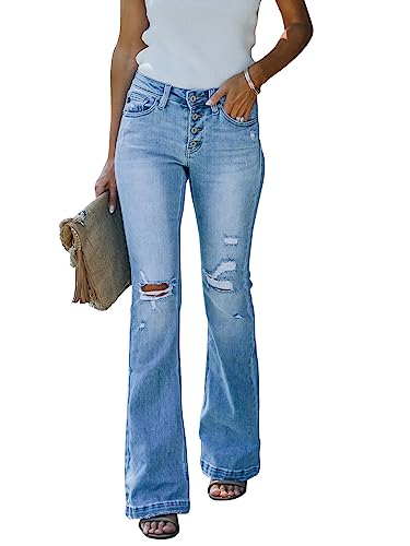 KUNMI Damen Flare Bell Bottom Jeans High Waist Wide Leg Bootcut Jeans Stretchy Denim Pants, Bb008-light Blue, 42 von KUNMI