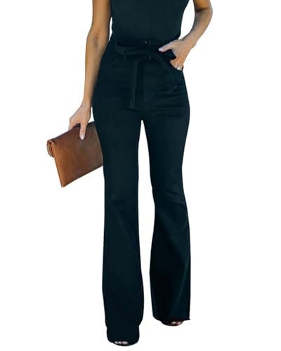 KUNMI Damen Flare Bell Bottom Jeans Hohe Taille Weites Bein Bootcut Jeans Stretchy Denim Pants, Bb010-black, 38 von KUNMI