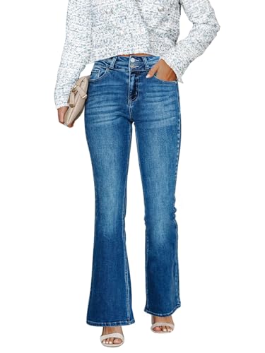 KUNMI Damen High Waist Bell Bottom Bootcut Jeans Flare Wide Leg Stretch Trendy Jeans, Ff009-dark blue, 40 von KUNMI