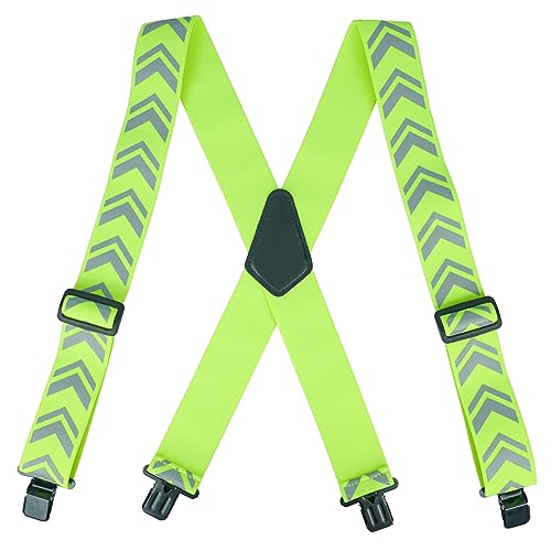 KUNN 5,1 cm reflektierende Sicherheits-Hosenträger mit gut sichtbarem Streifen, X Rückenarbeits-Hosenträger, Grüner Clip, Regular Size von KUNN
