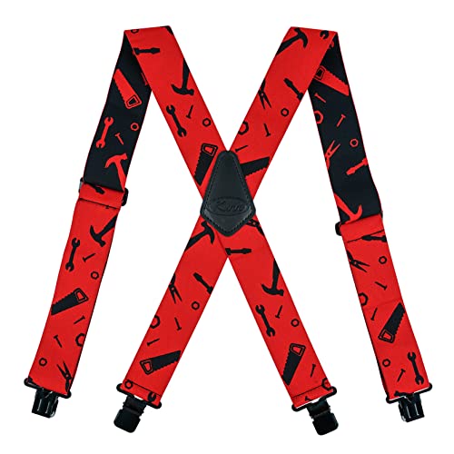 KUNN Herren Hosenträger X-Rücken 5,1 cm breit elastische Hosenträger Heavy Duty Clips Arbeit Hosenträger, Rote Handwerkzeuge, 2 inch wide von KUNN