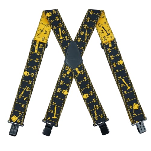 KUNN Herren Hosenträger X-Rücken 5,1 cm breit elastische Hosenträger Heavy Duty Clips Arbeit Hosenträger, Schwarzes Maßband, 2 inch wide von KUNN
