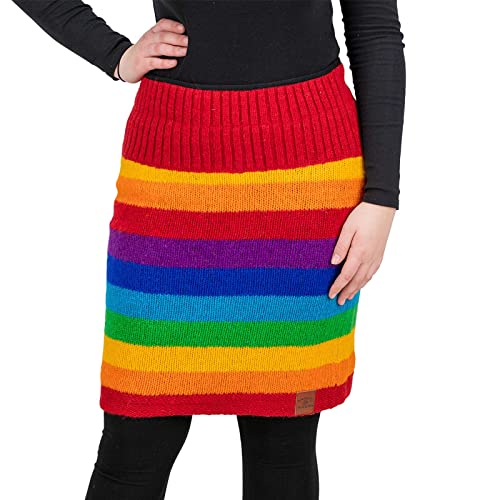 Bunter Strickrock kurzer Rock mit Regenbogen Muster Wolle gefüttert Boho Rainbow Fair, Größe:L/XL von KUNST UND MAGIE