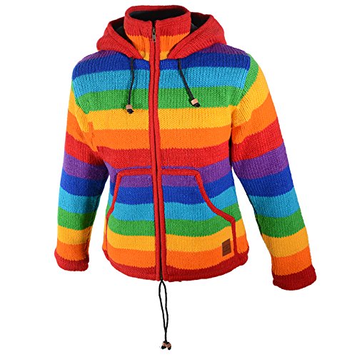 Damen Regenbogen Strickjacke Goa Wolle Jacke mit Fleecefutter und Abnehmbarer Zipfelkapuze, Größe Damen:38 von KUNST UND MAGIE