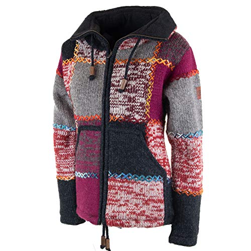Damen Strickjacke Goa Wolle Bunte Patchwork Jacke mit Fleecefutter und Hochkragen, Größe:L von Kunst und Magie