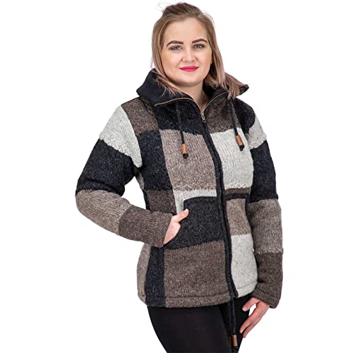 Damen Strickjacke Goa Wolle Bunte Patchwork Jacke mit Fleecefutter und Hochkragen, Größe:L von Kunst und Magie