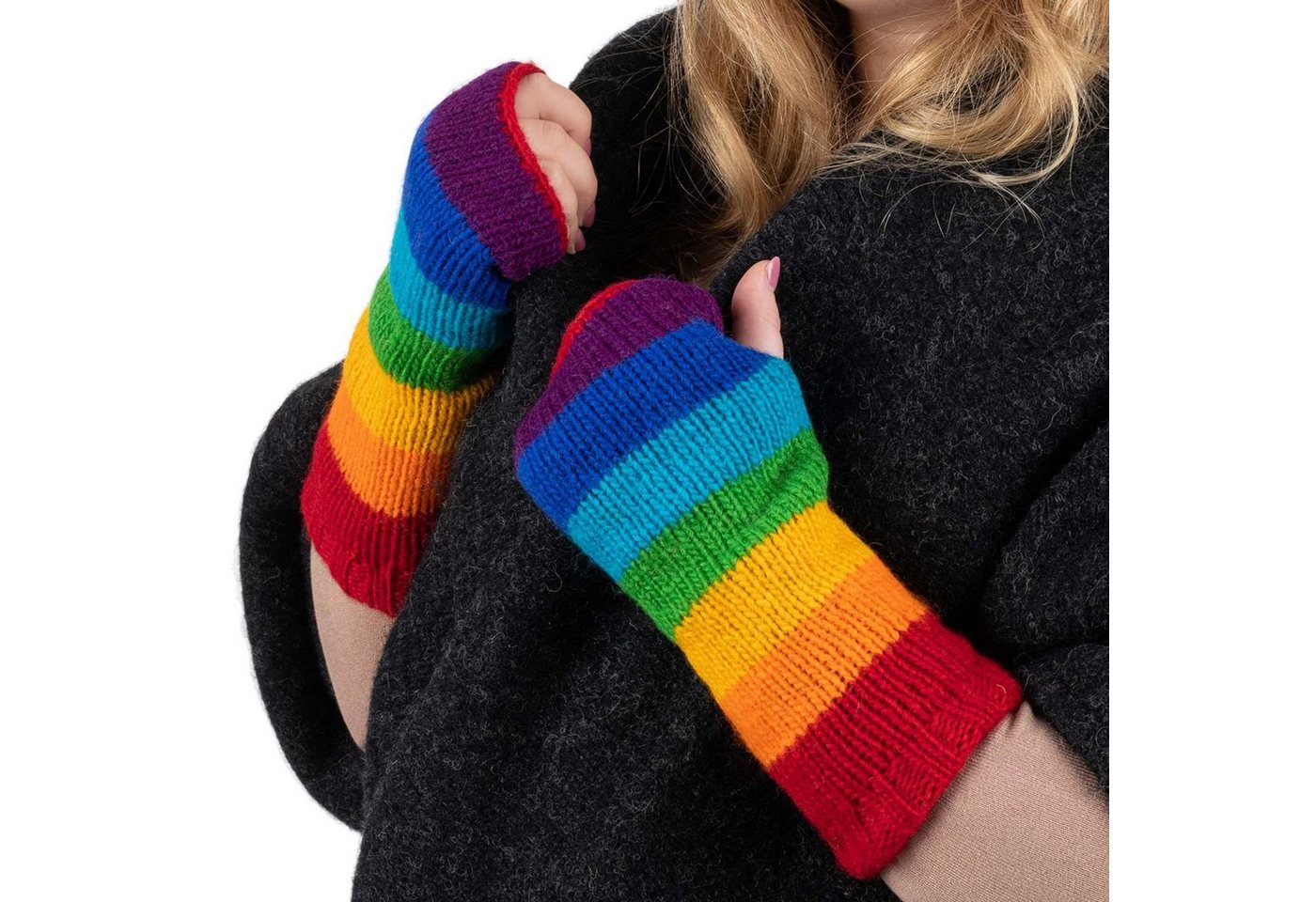 KUNST UND MAGIE Armstulpen Bunte Armstulpen Hand Pulswärmer Handschuhe Wolle Strick Regenbogen von KUNST UND MAGIE